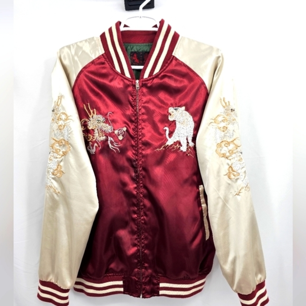 Vintage Sukajan Satin Bomber Jacket Japanese Embroidered Dragon Tiger Large Red. - Picture 1 of 12
